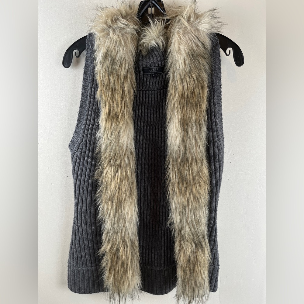 Vintage Guess Faux Fur  Trim Knit Vest
